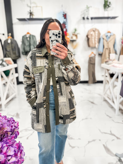 Olive Geometric Print Fuzzy Shacket