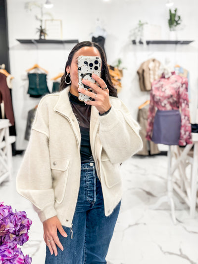 Cream White Contrast Women Bomber Jacket