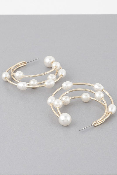 Triple Pearl Hoop Earrings (Gold)