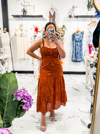 Take Her Everywhere Eyelet Corset Dress (Terracotta) Medium