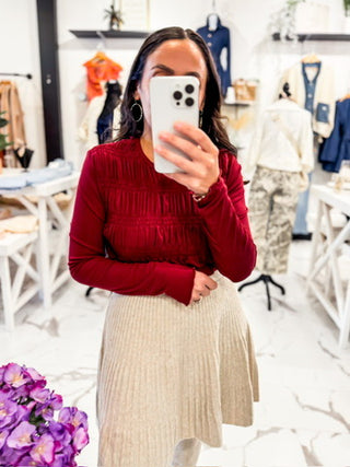 Ruching Smocking Long Sleeve Burgundy Top 