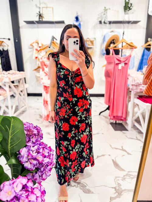 Bold Bet Floral Print Midi Dress Black
