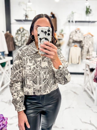 Paris Print Collard Zip Up Denim Jacket 