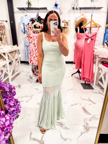 Mint Green Ribbed Flare Mesh Dress