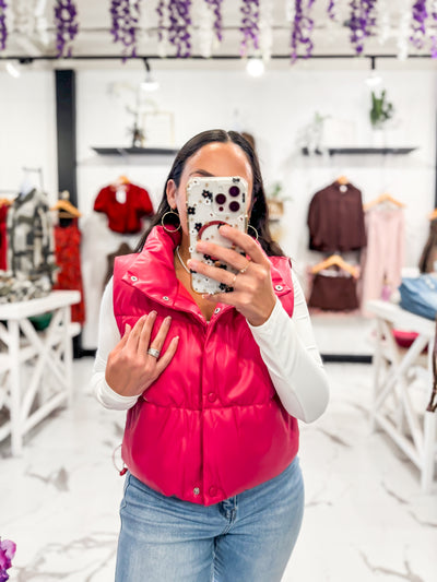 Gilded Faux Leather Puffer Vest (Fuchsia)