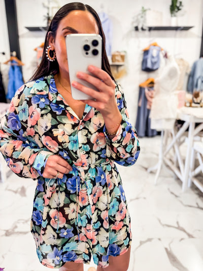 Living Life In Full Bloom Shirt Romper (Blue)
