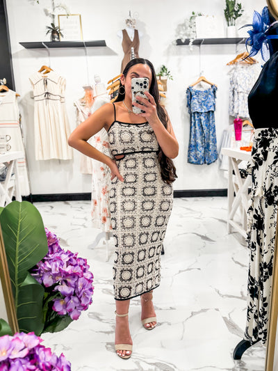 Mel Crochet Cutout Midi Dress (Natural/Black)