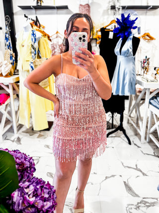 Make It a Double Beaded Mini Dress (Pink)