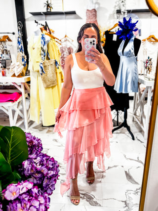 Pinkies Up Ruffle Ankle Skirt (Pink)