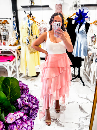 Pinkies Up Ruffle Ankle Skirt (Pink)