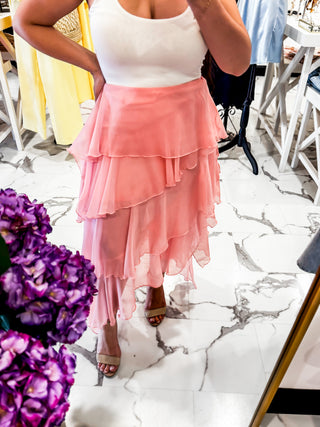 Pinkies Up Ruffle Ankle Skirt (Pink)