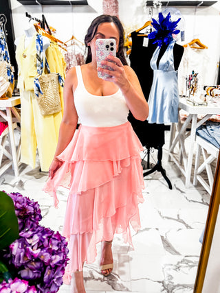 Pinkies Up Ruffle Ankle Skirt (Pink)