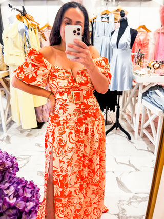 Sunset Spritz Belted Maxi Dress (Orange)