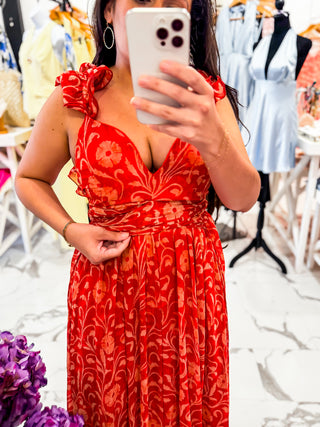 Meet Me in Marbella Ruffle Maxi Dress (Red)