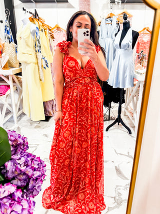Meet Me in Marbella Ruffle Maxi Dress (Red)