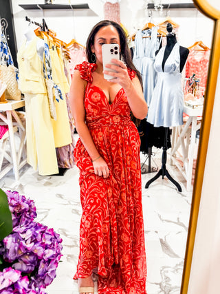 Meet Me in Marbella Ruffle Maxi Dress (Red)
