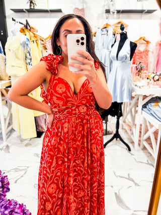 Meet Me in Marbella Ruffle Maxi Dress (Red)