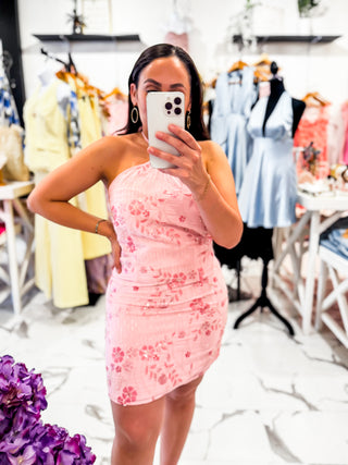 Made Me Blush Halter Mini Dress (Pink)