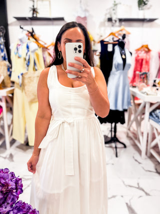 Sunlit Moments Belted Midi Dress (White)