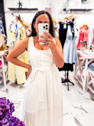 Sunlit Moments Belted Midi Dress (White)