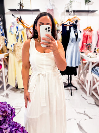 Sunlit Moments Belted Midi Dress (White)