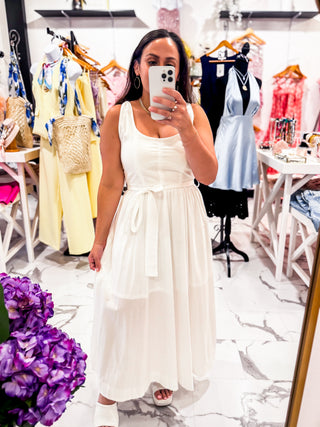 Sunlit Moments Belted Midi Dress (White)