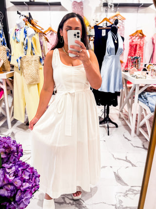 Sunlit Moments Belted Midi Dress (White)