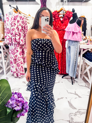 All Dressed Up Polka Dot Maxi Dress (Navy)