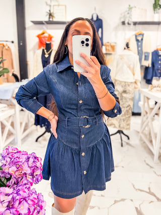 Denim Drop Waist Long Sleeve Gold Button Dress