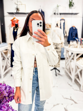 Faux Leather White Button Down Top 