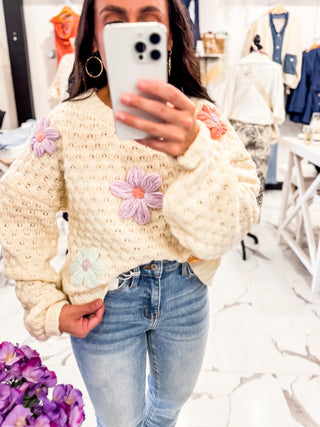Embroidery Flower Winter Cream Sweater 
