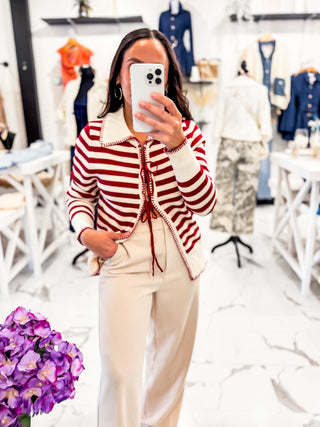 Stripe Red and Cream Front Tie Cardigan 