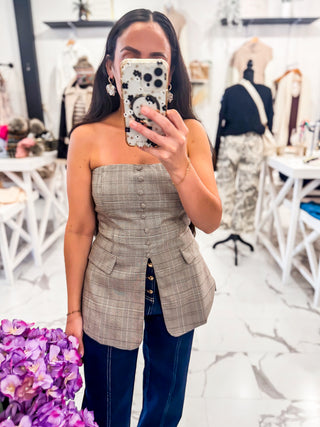 Highline Strapless Plaid Top (Light Taupe Multi)