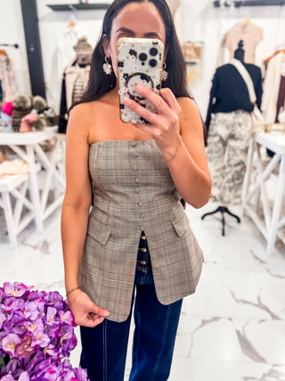 Highline Strapless Plaid Top (Light Taupe Multi)