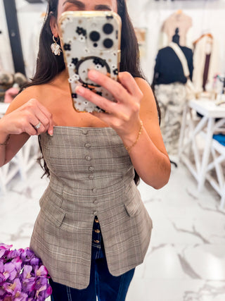 Highline Strapless Plaid Top (Light Taupe Multi)