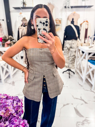 Highline Strapless Plaid Top (Light Taupe Multi)