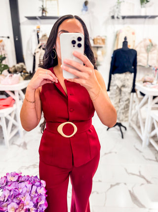 Feminine with Edge Belted Vest (Wine)