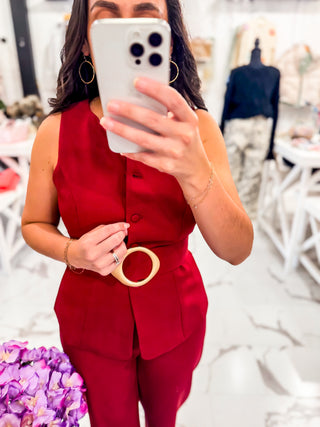 Gold Belt Sleeveless Front Button Vest 