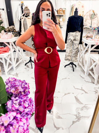 Feminine with Edge Belted Vest (Wine)