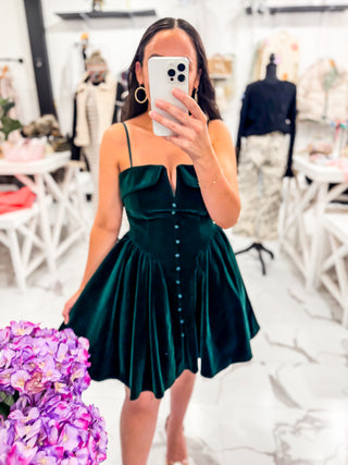 Terra Tone Velvet Mini Dress (Hunter Green)