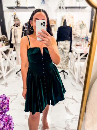 Terra Tone Velvet Mini Dress (Hunter Green)