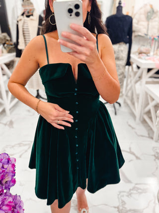Terra Tone Velvet Mini Dress (Hunter Green)