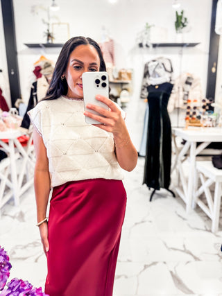 Knit Cream Sweater with Mauve Stitching 