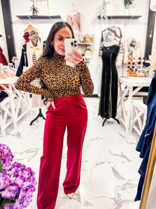 Leopard Stretchy Mock Neck Long Sleeve Top 