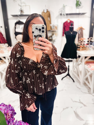 She's Cute Floral Peplum Top (Brown/Multi)