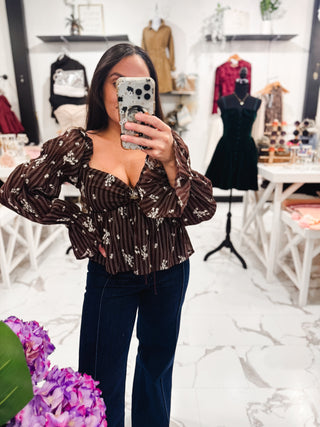 She's Cute Floral Peplum Top (Brown/Multi)