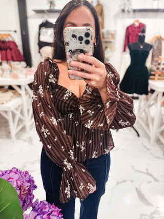 She's Cute Floral Peplum Top (Brown/Multi)