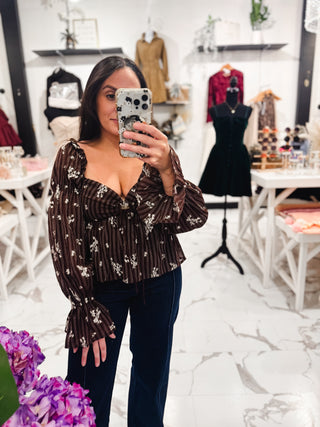 She's Cute Floral Peplum Top (Brown/Multi)