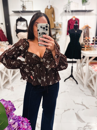 She's Cute Floral Peplum Top (Brown/Multi)