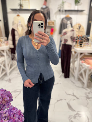 Love Language Ribbed Cardigan (Dusty Navy)